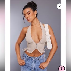 Pretty Little Thing Stone Cargo Lace Up Side Zip Up Crop Top